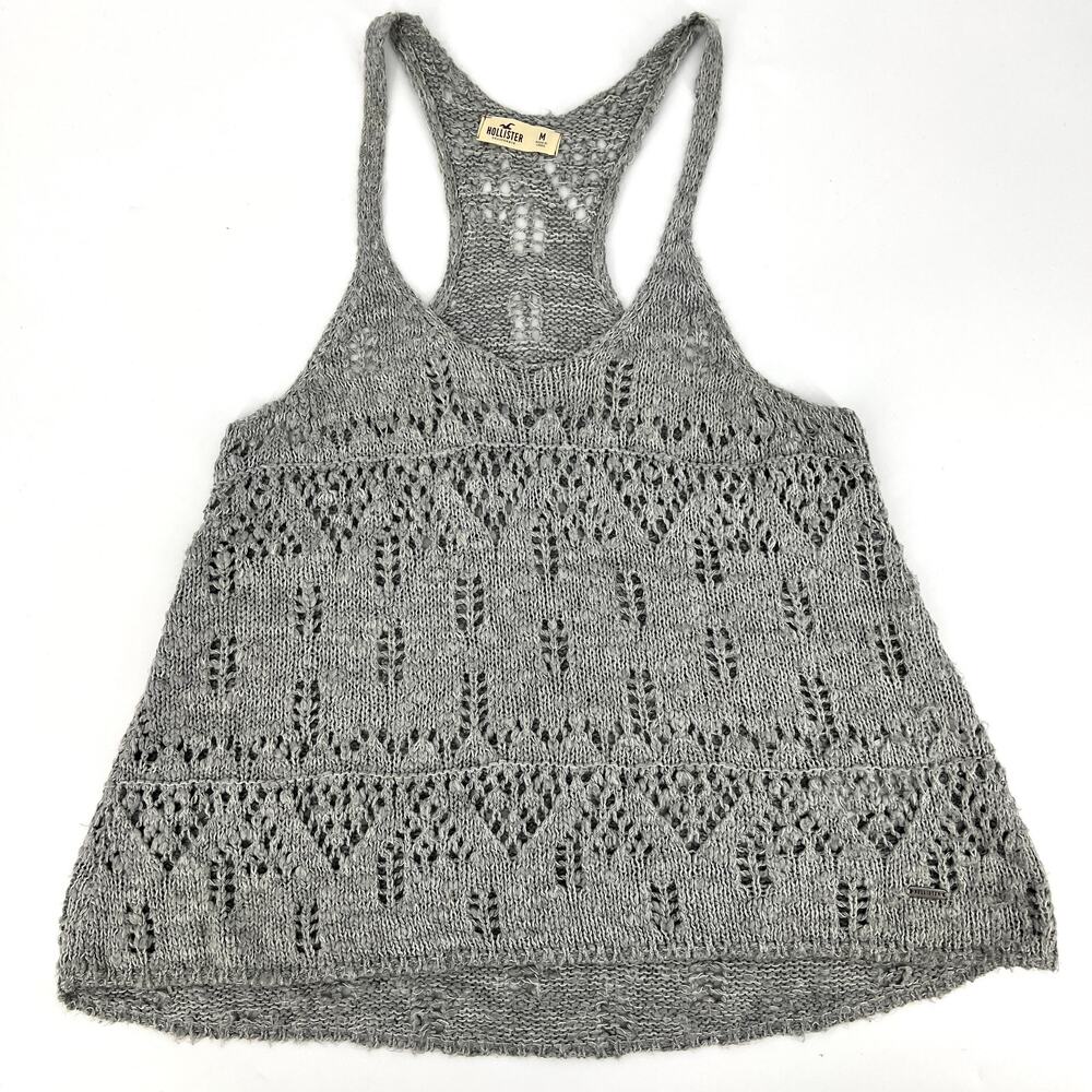 Hollister Womens Racer Back Gray Oatmeal Crochet Knit Tank Top Size M
